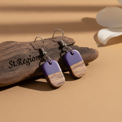 Purple Resin & Wood Silvertone Patchwork Rectangle Hook Earrings