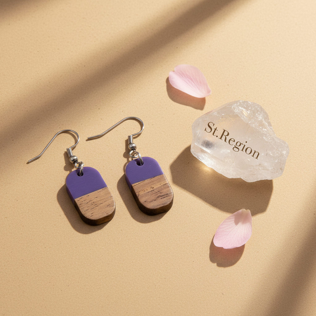 Purple Resin & Wood Silvertone Patchwork Rectangle Hook Earrings