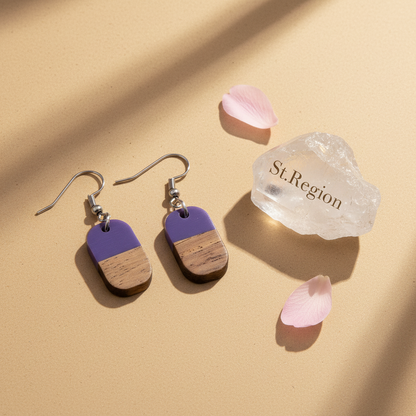 Purple Resin & Wood Silvertone Patchwork Rectangle Hook Earrings