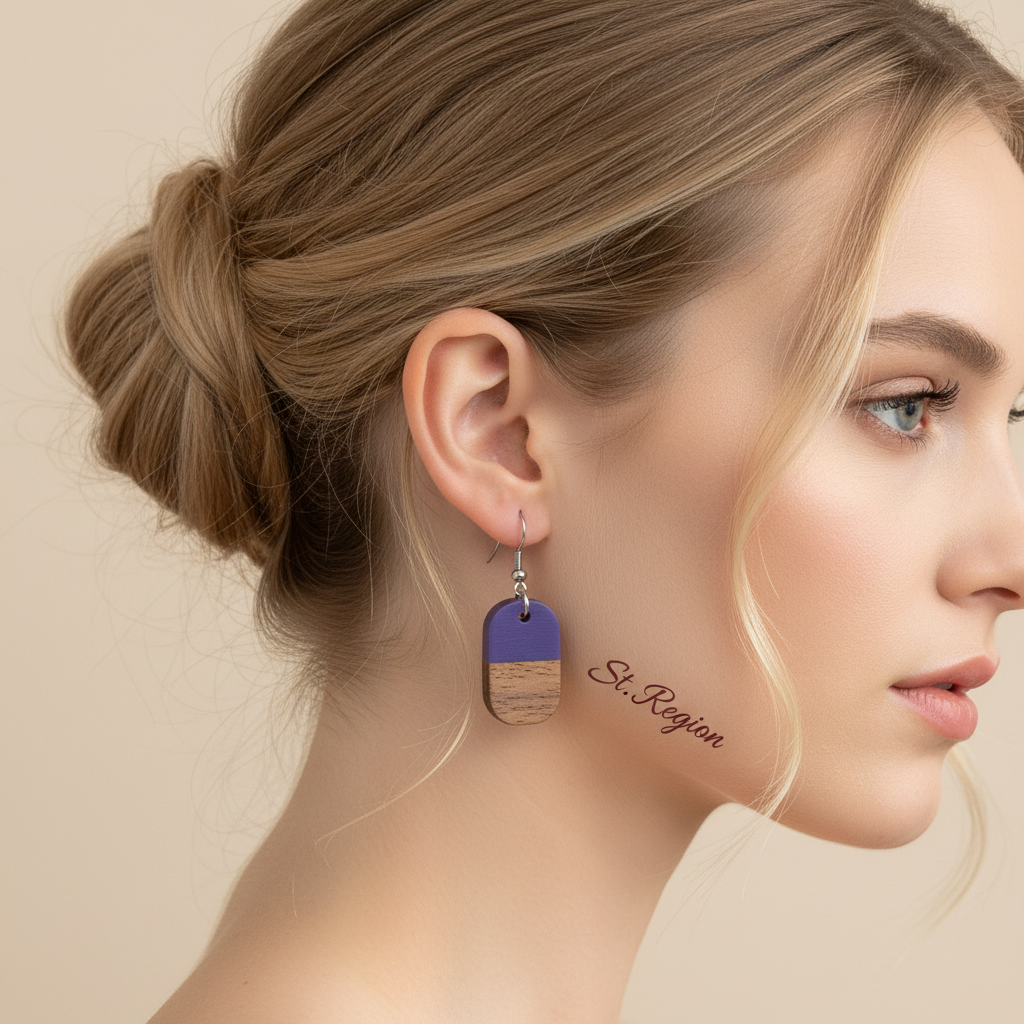 Purple Resin & Wood Silvertone Patchwork Rectangle Hook Earrings