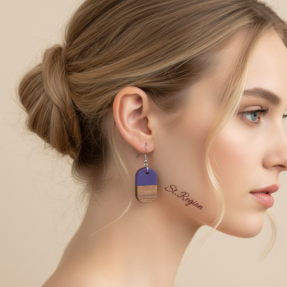 Purple Resin & Wood Silvertone Patchwork Rectangle Hook Earrings