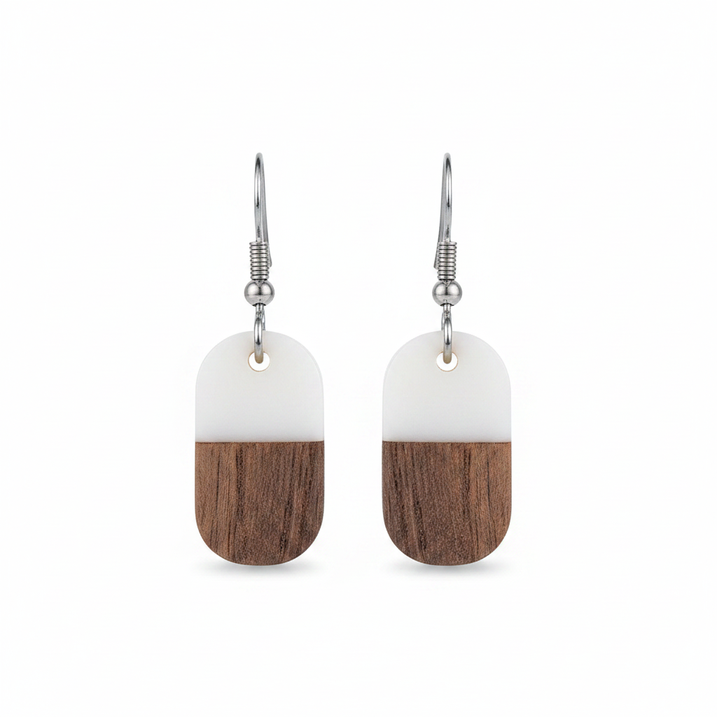 White Resin & Wood Silvertone Patchwork Rectangle Hook Earrings