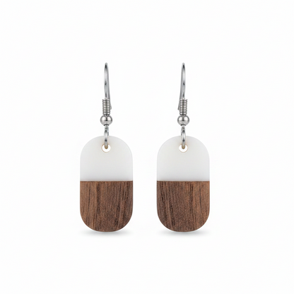 White Resin & Wood Silvertone Patchwork Rectangle Hook Earrings