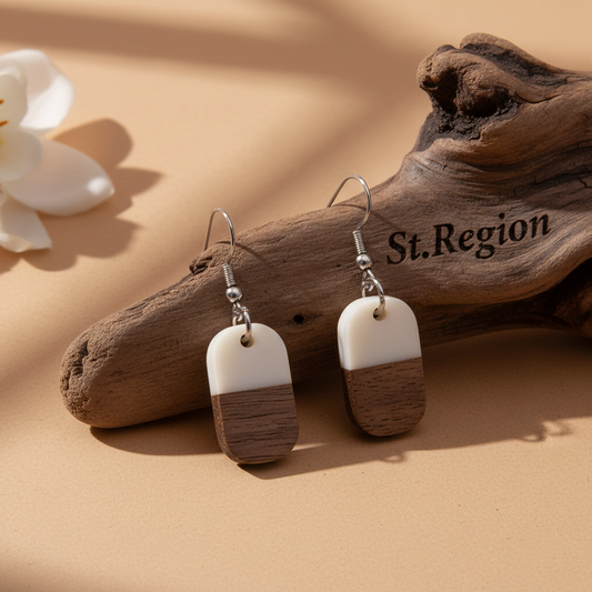 White Resin & Wood Silvertone Patchwork Rectangle Hook Earrings