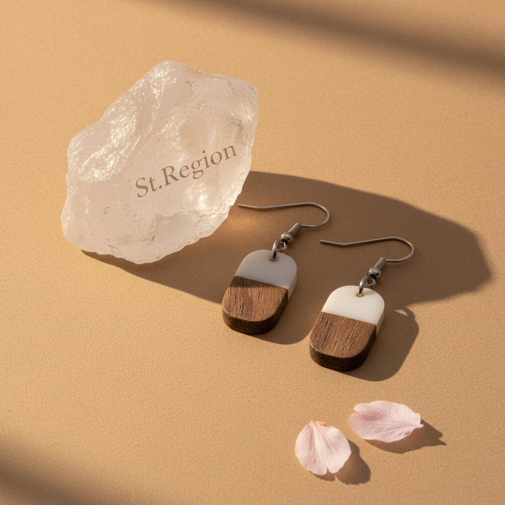 White Resin & Wood Silvertone Patchwork Rectangle Hook Earrings