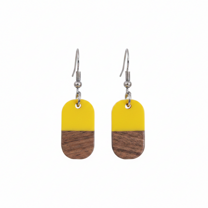 Yellow Resin & Wood Silvertone Patchwork Rectangle Hook Earrings