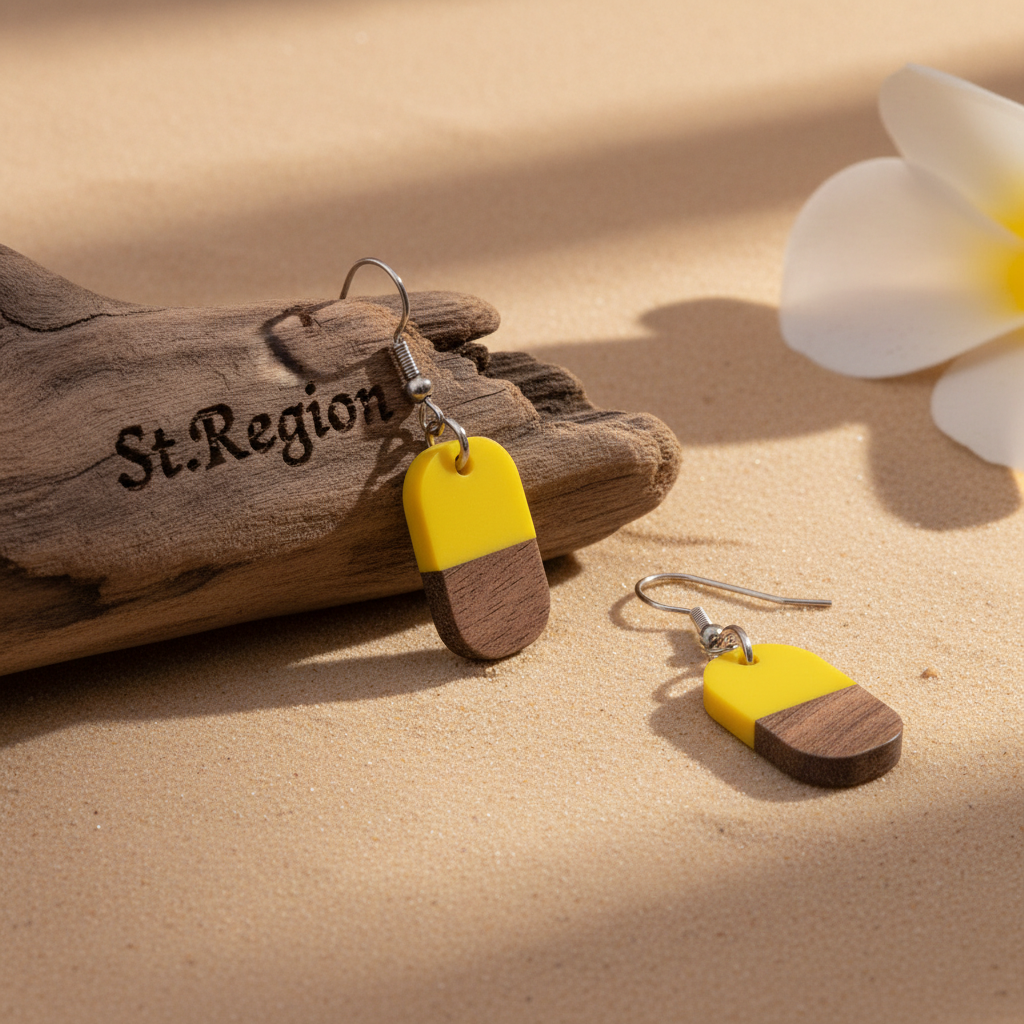 Yellow Resin & Wood Silvertone Patchwork Rectangle Hook Earrings