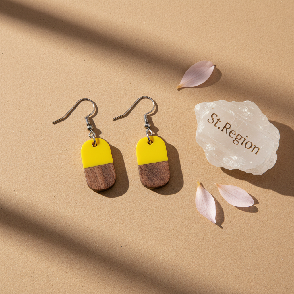 Yellow Resin & Wood Silvertone Patchwork Rectangle Hook Earrings