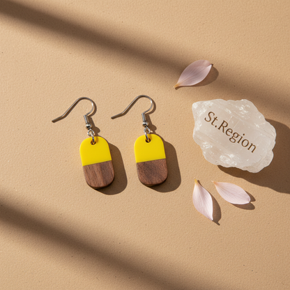 Yellow Resin & Wood Silvertone Patchwork Rectangle Hook Earrings
