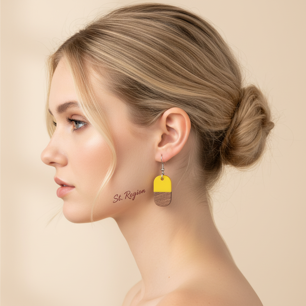 Yellow Resin & Wood Silvertone Patchwork Rectangle Hook Earrings