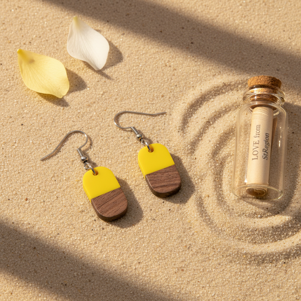 Yellow Resin & Wood Silvertone Patchwork Rectangle Hook Earrings