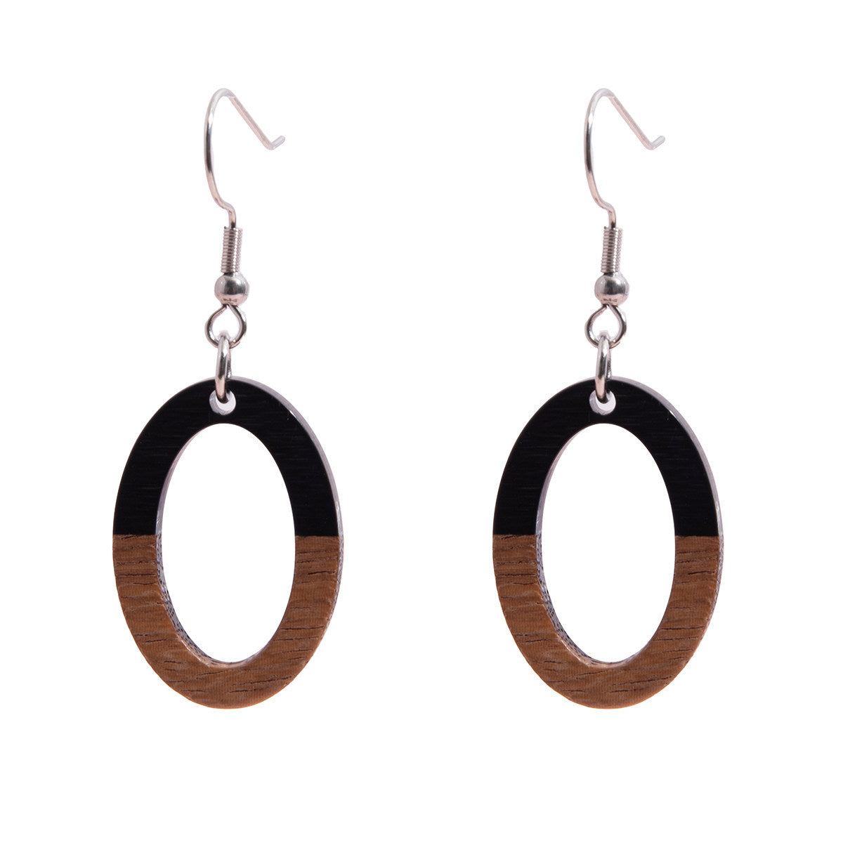 Black Resin & Wood Silvertone Open Oval Hook Earrings