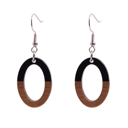 Black Resin & Wood Silvertone Open Oval Hook Earrings