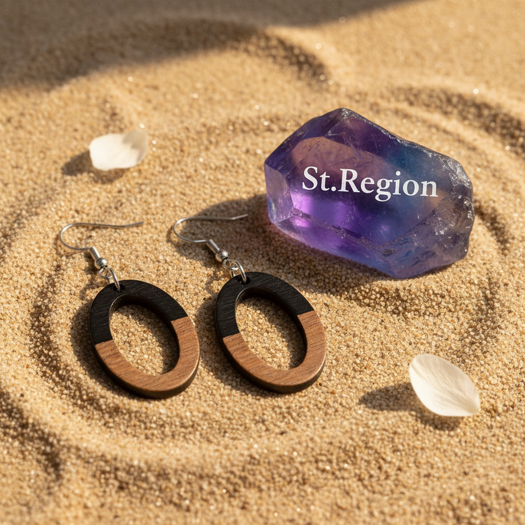 Black Resin & Wood Silvertone Open Oval Hook Earrings