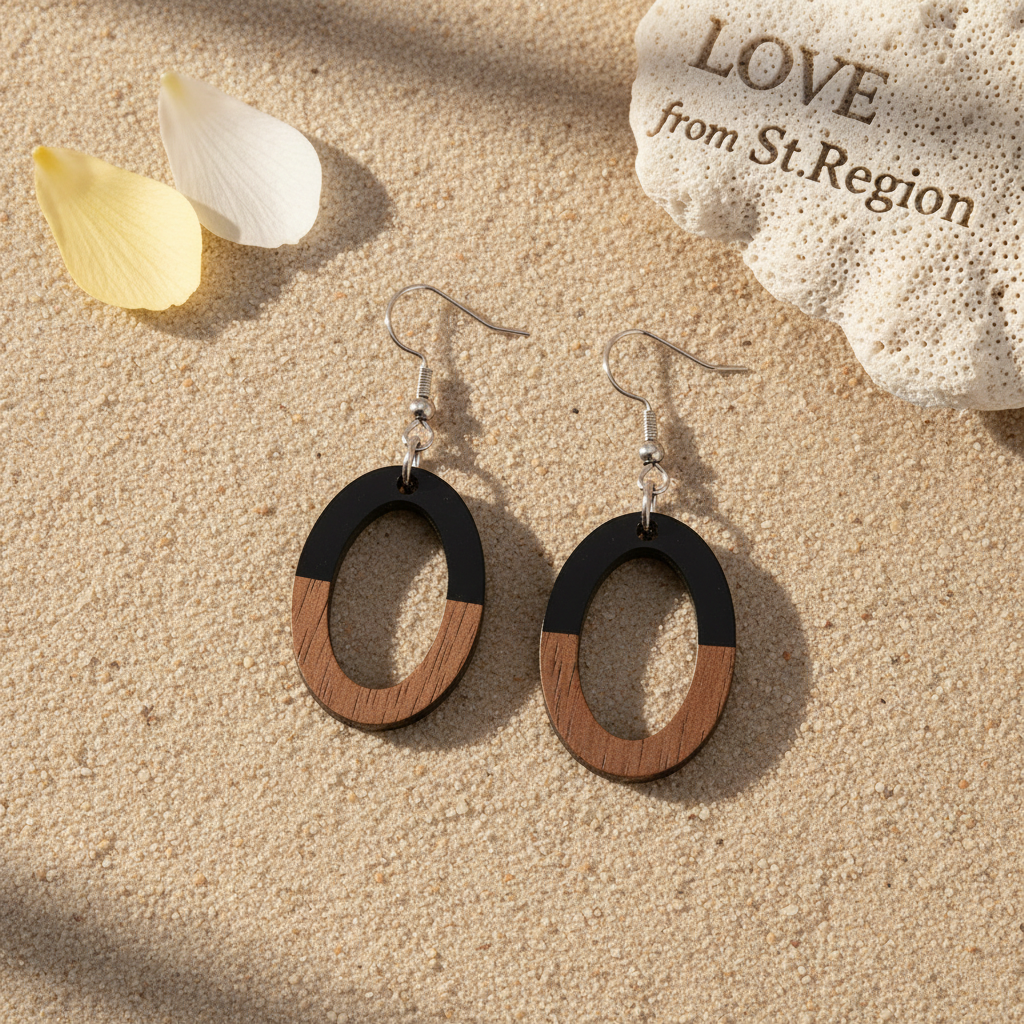 Black Resin & Wood Silvertone Open Oval Hook Earrings