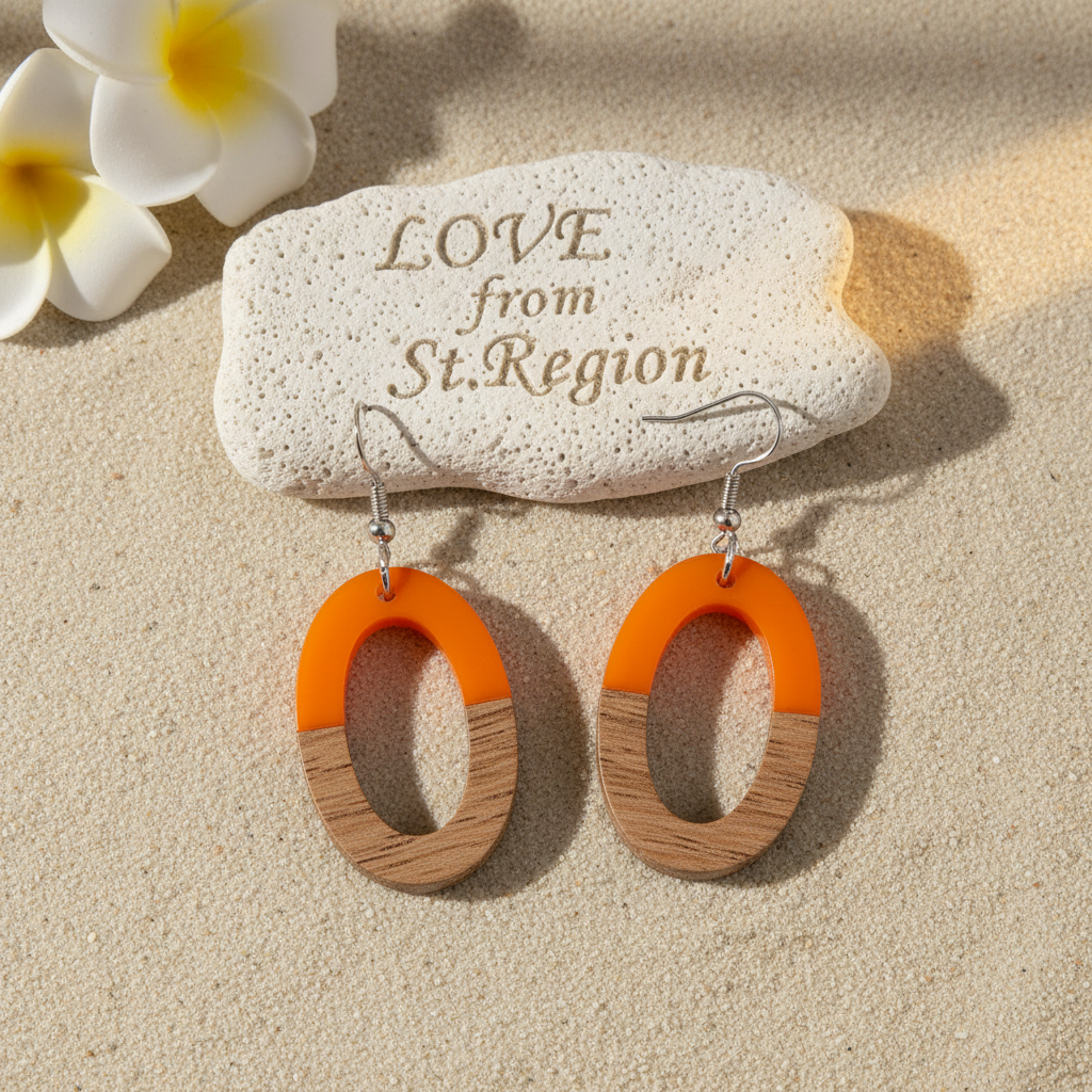Orange Resin & Wood Silvertone Open Oval Hook Earrings