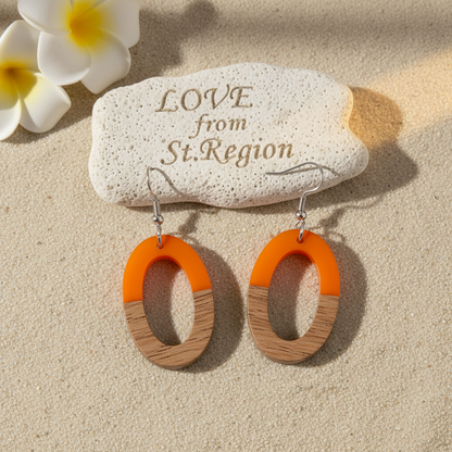 Orange Resin & Wood Silvertone Open Oval Hook Earrings