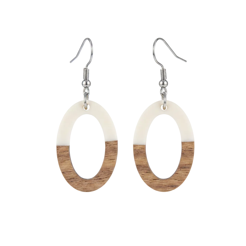White Resin & Wood Silvertone Open Oval Hook Earrings
