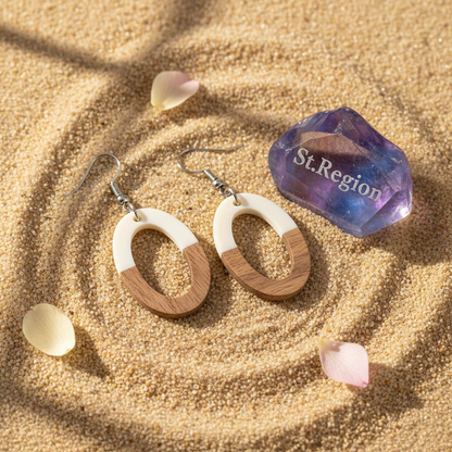 White Resin & Wood Silvertone Open Oval Hook Earrings