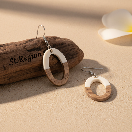 White Resin & Wood Silvertone Open Oval Hook Earrings