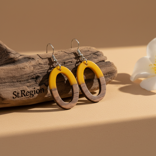 Yellow Resin & Wood Silvertone Open Oval Hook Earrings