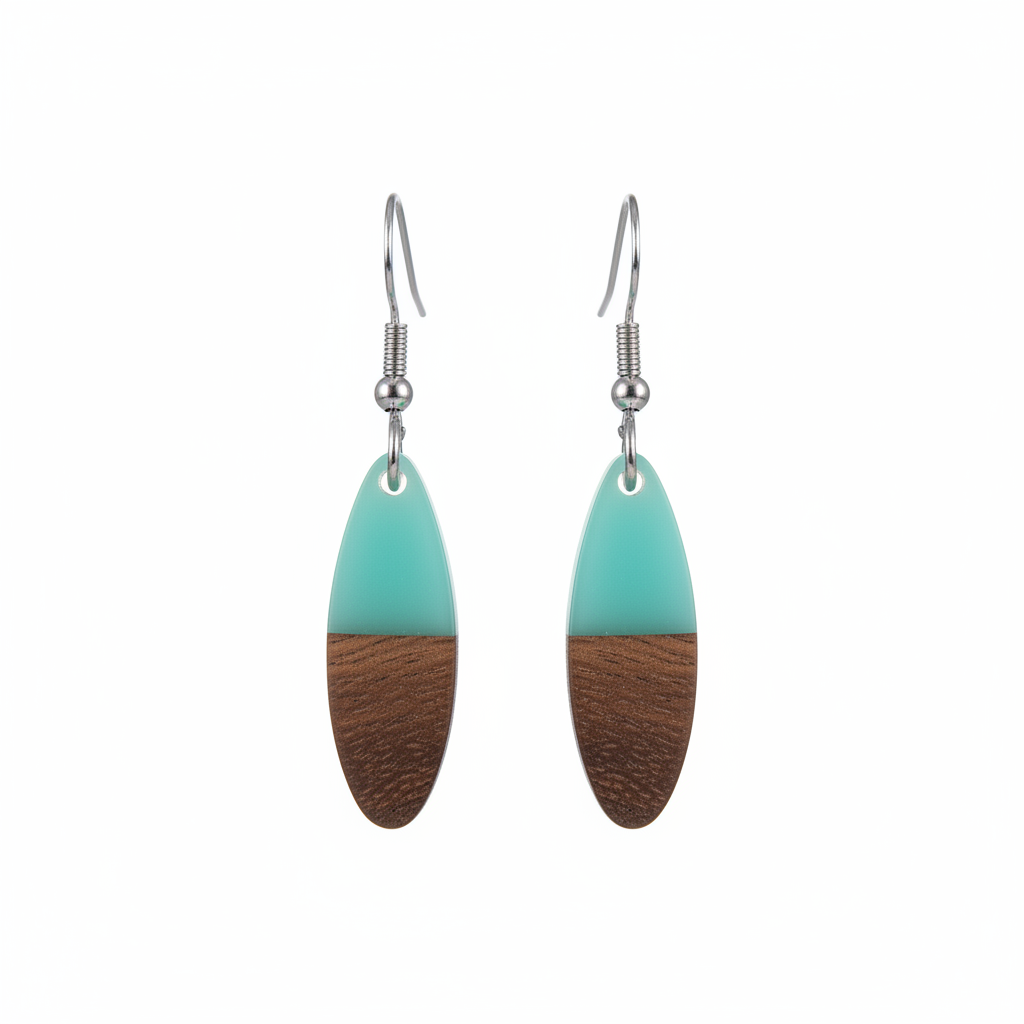 Green Resin & Wood Silvertone Patchwork Oval Hook Earrings