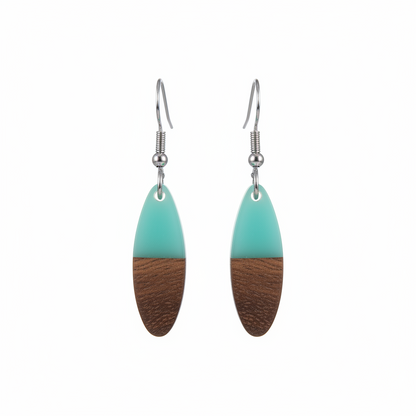 Green Resin & Wood Silvertone Patchwork Oval Hook Earrings