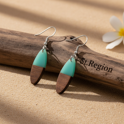 Green Resin & Wood Silvertone Patchwork Oval Hook Earrings