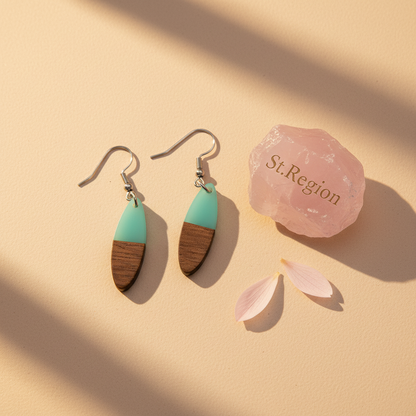 Green Resin & Wood Silvertone Patchwork Oval Hook Earrings