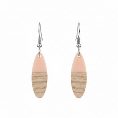 Pink Resin & Wood Silvertone Patchwork Oval Hook Earrings