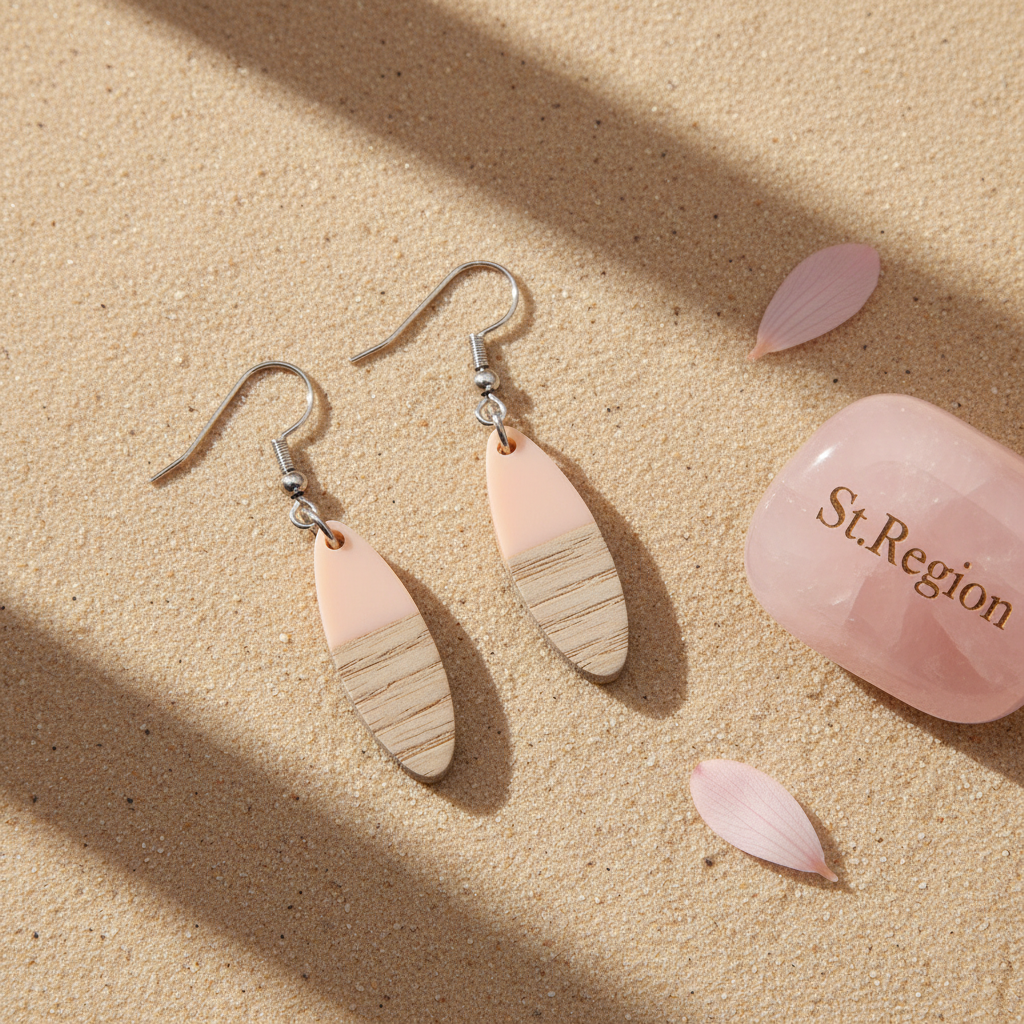 Pink Resin & Wood Silvertone Patchwork Oval Hook Earrings