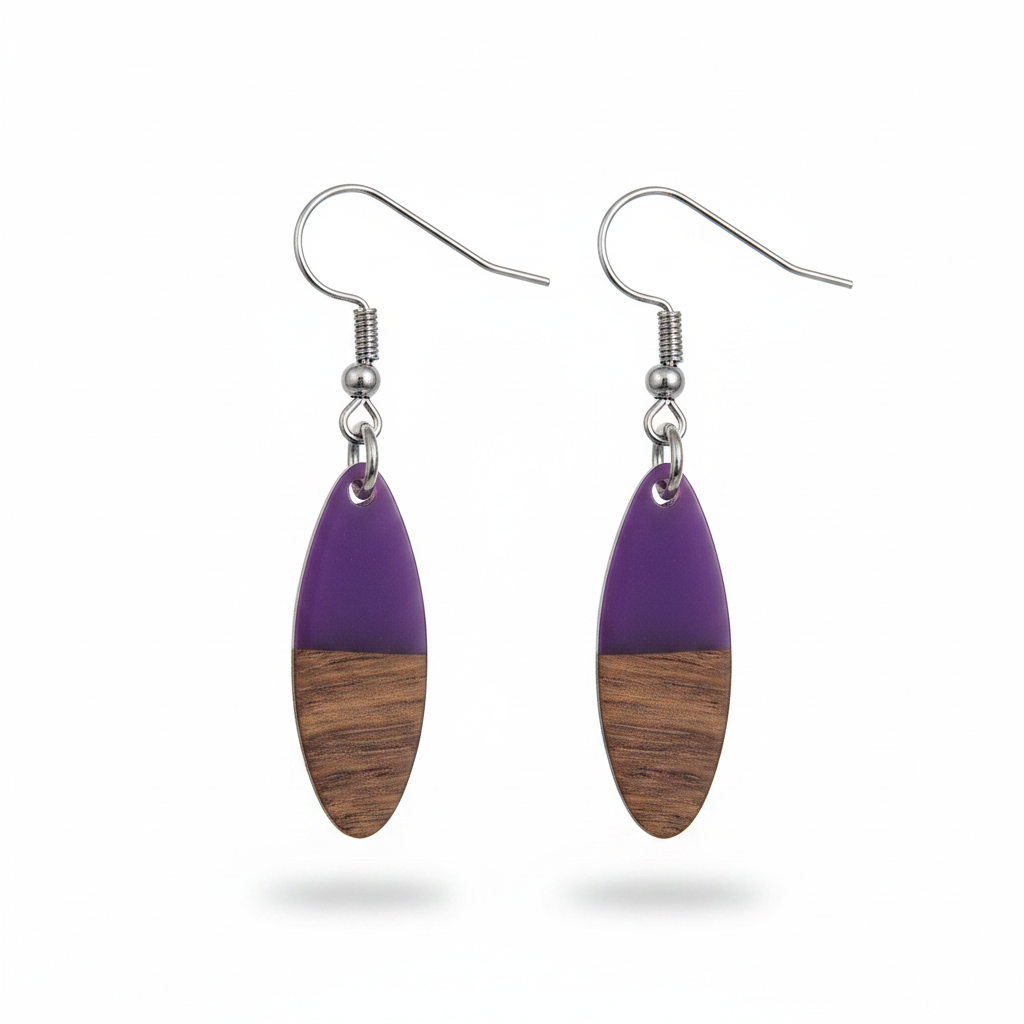 Purple Resin & Wood Silvertone Patchwork Oval Hook Earrings