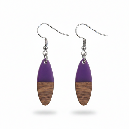 Purple Resin & Wood Silvertone Patchwork Oval Hook Earrings
