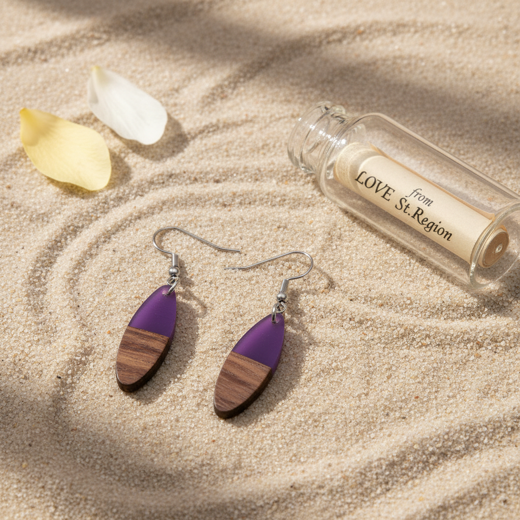Purple Resin & Wood Silvertone Patchwork Oval Hook Earrings