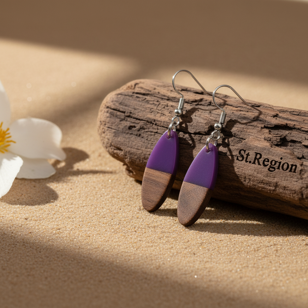 Purple Resin & Wood Silvertone Patchwork Oval Hook Earrings