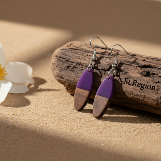 Purple Resin & Wood Silvertone Patchwork Oval Hook Earrings