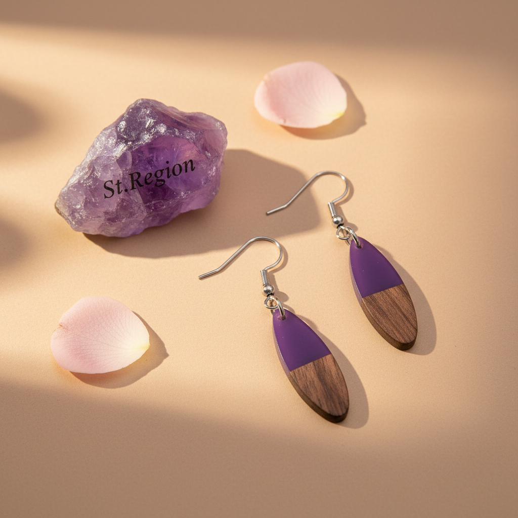 Purple Resin & Wood Silvertone Patchwork Oval Hook Earrings