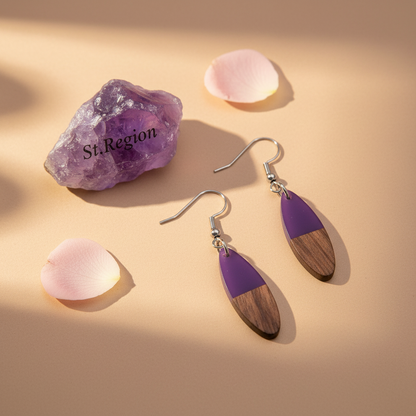 Purple Resin & Wood Silvertone Patchwork Oval Hook Earrings