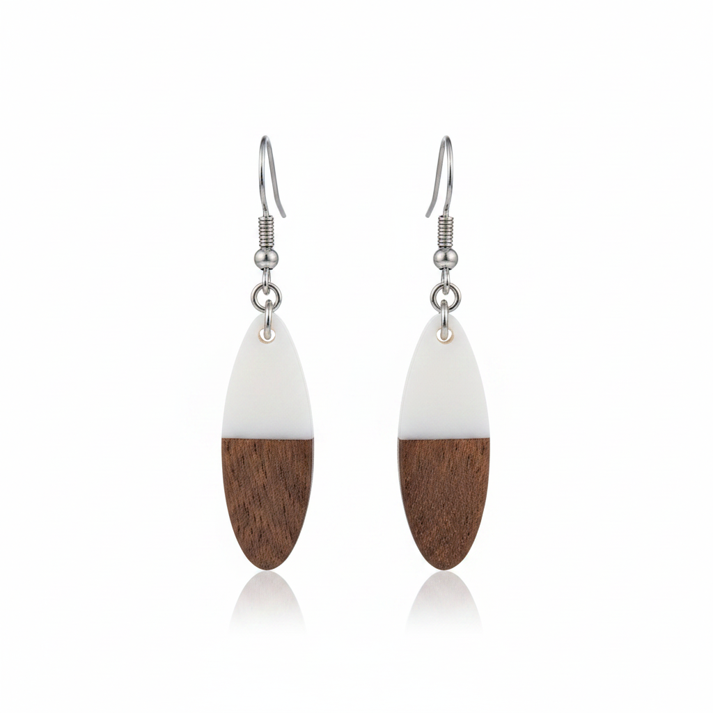 White Resin & Wood Silvertone Patchwork Oval Hook Earrings
