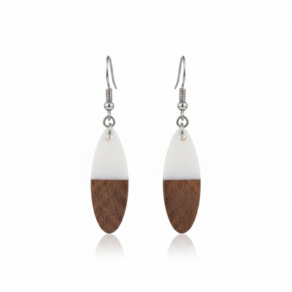White Resin & Wood Silvertone Patchwork Oval Hook Earrings