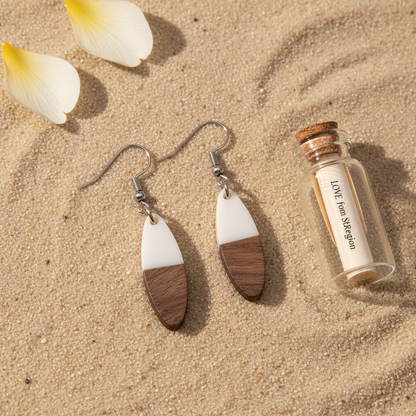 White Resin & Wood Silvertone Patchwork Oval Hook Earrings