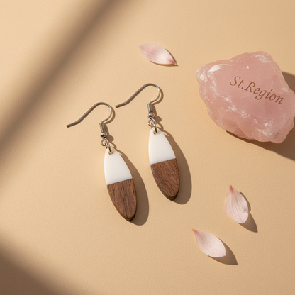 White Resin & Wood Silvertone Patchwork Oval Hook Earrings