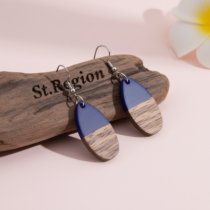 Blue Resin & Wood Silvertone Patchwork Teardrop Hook Earrings