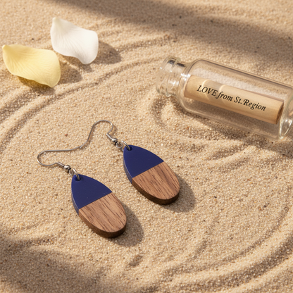 Blue Resin & Wood Silvertone Patchwork Teardrop Hook Earrings