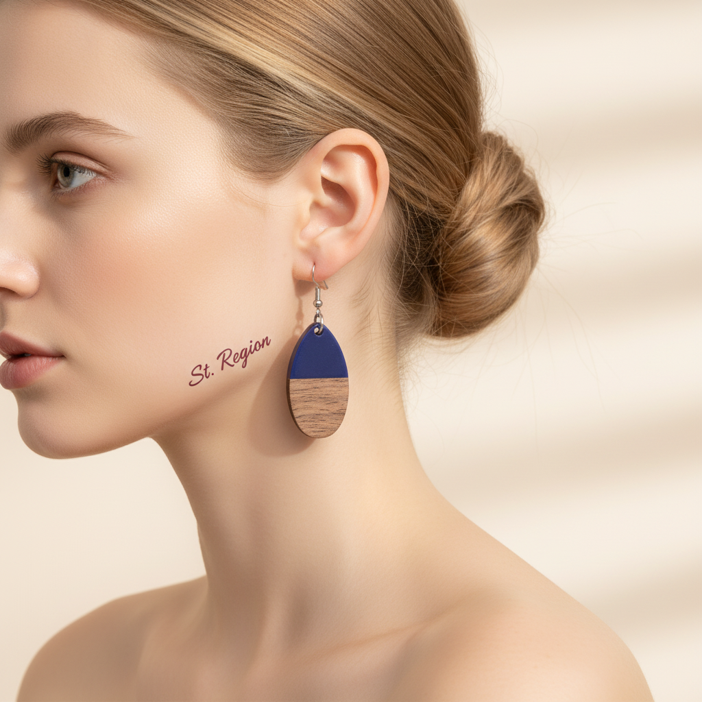 Blue Resin & Wood Silvertone Patchwork Teardrop Hook Earrings