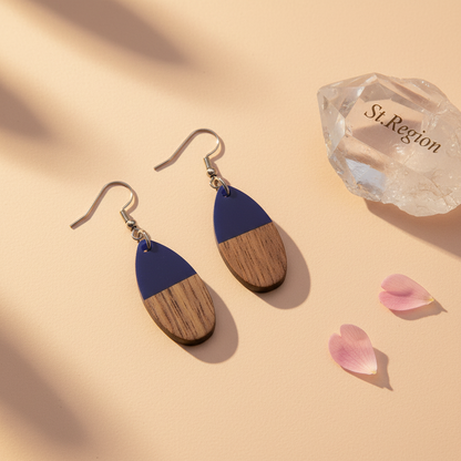 Blue Resin & Wood Silvertone Patchwork Teardrop Hook Earrings