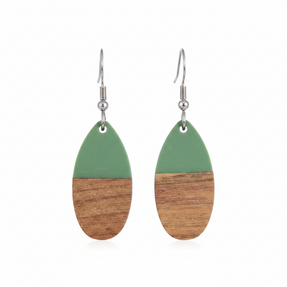 Green Resin & Wood Silvertone Patchwork Teardrop Hook Earrings