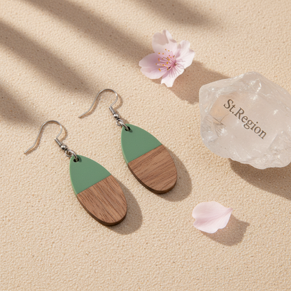 Green Resin & Wood Silvertone Patchwork Teardrop Hook Earrings