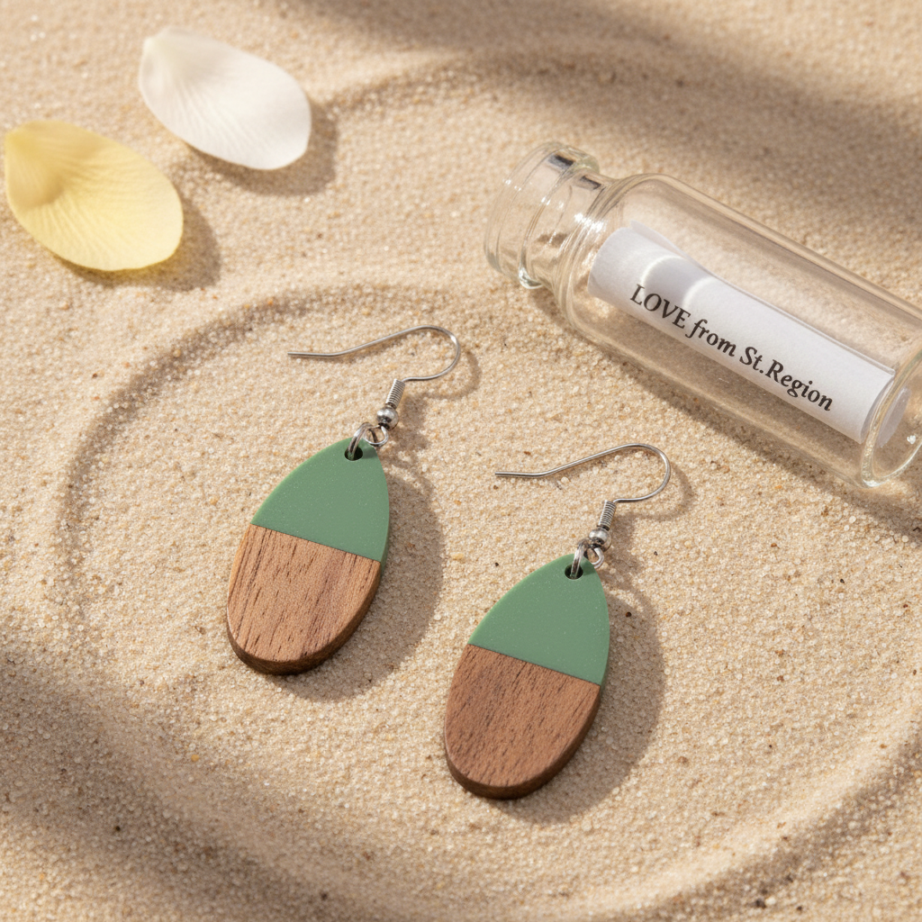 Green Resin & Wood Silvertone Patchwork Teardrop Hook Earrings