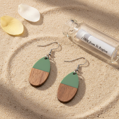 Green Resin & Wood Silvertone Patchwork Teardrop Hook Earrings